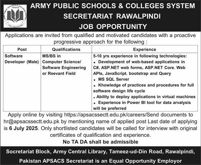 Army Public Schools & Colleges System Secretariat Jobs 2025
