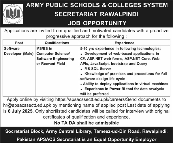 Army Public School And College System Rawalpindi Job 2025