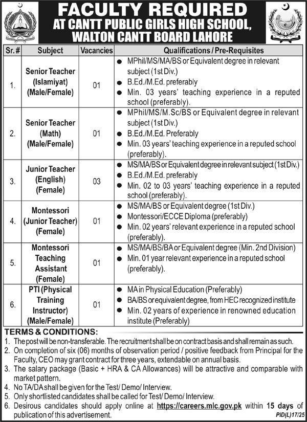Cantt Public Girls High School Lahore Jobs Announcement
