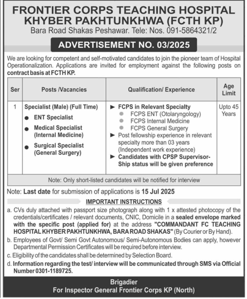 Frontier Corps Teaching Hospital FCTH Peshawar Jobs 2025

