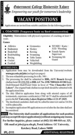 Government College University Lahroe Jobs 2025
