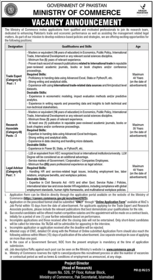 Latest Ministry Of Commerce Islamabad Jobs 2025