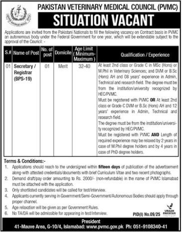 Latest Pakistan Veterinary Medical Council Management Posts Islamabad 2025