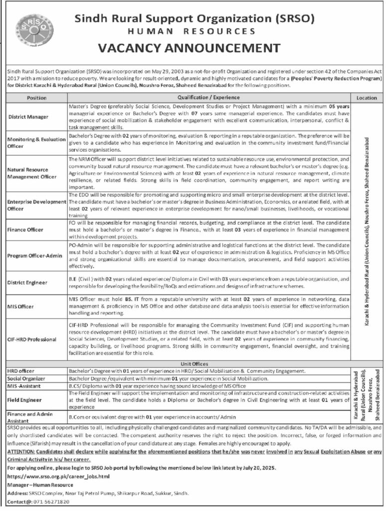 Sindh Rural Support Organization Sukkur Jobs Notice
